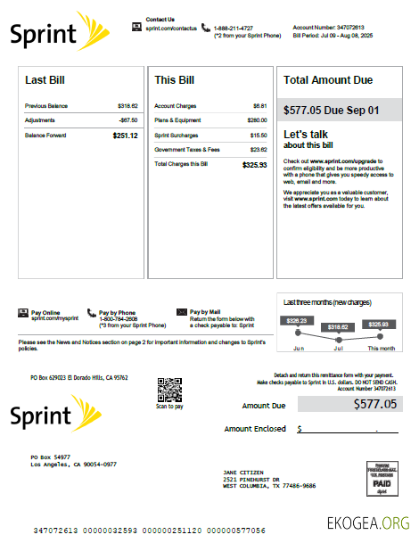 USA Sprint utility bill template in Word and PDF formats, version 3